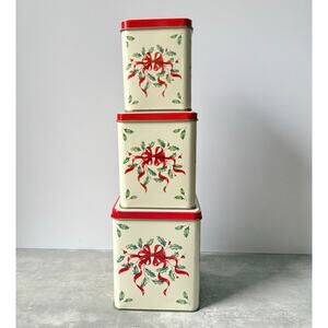Vintage Lenox Holiday Canister Set Holly Berry 3-Piece Metal Tins Christmas RARE